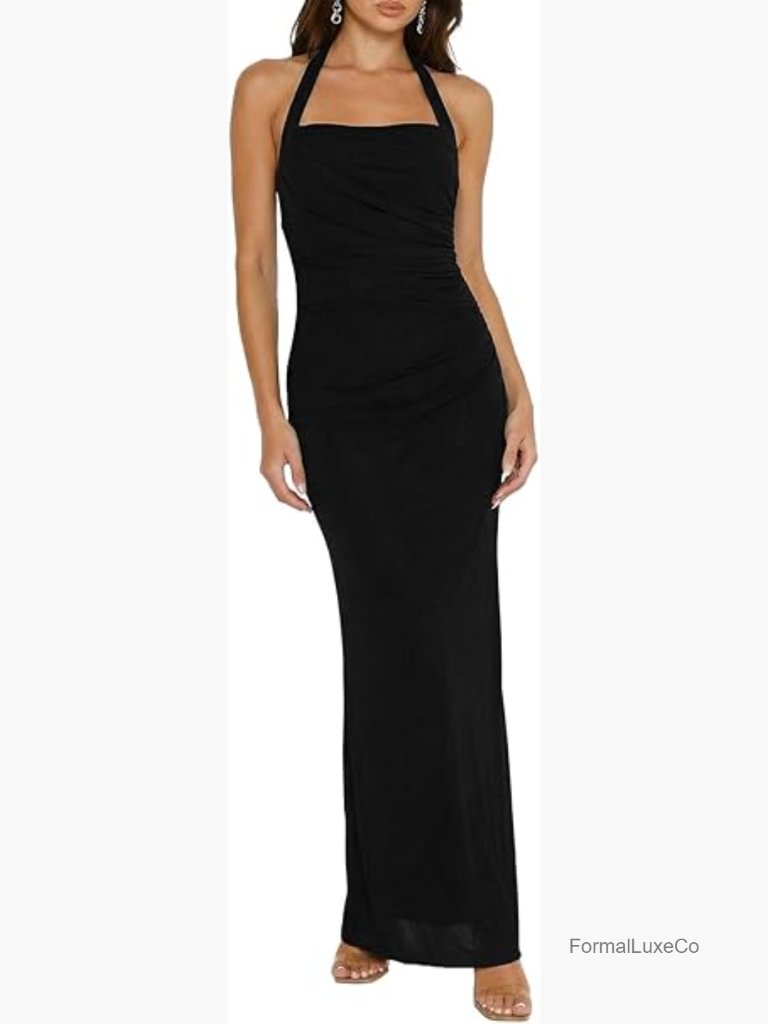 Sleeveless Bodycon Halter Backless Ruched Maxi Evening Dress